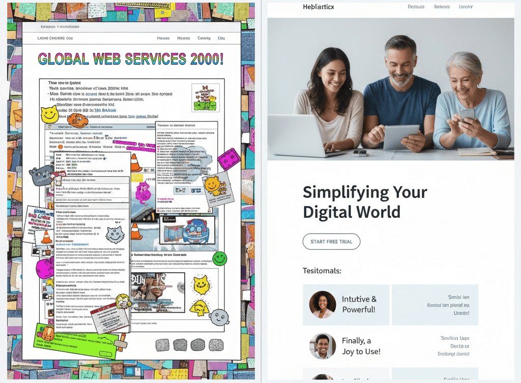 A split-screen image — one side: an outdated website (messy design), other side: a modern, clean one with smiling users.