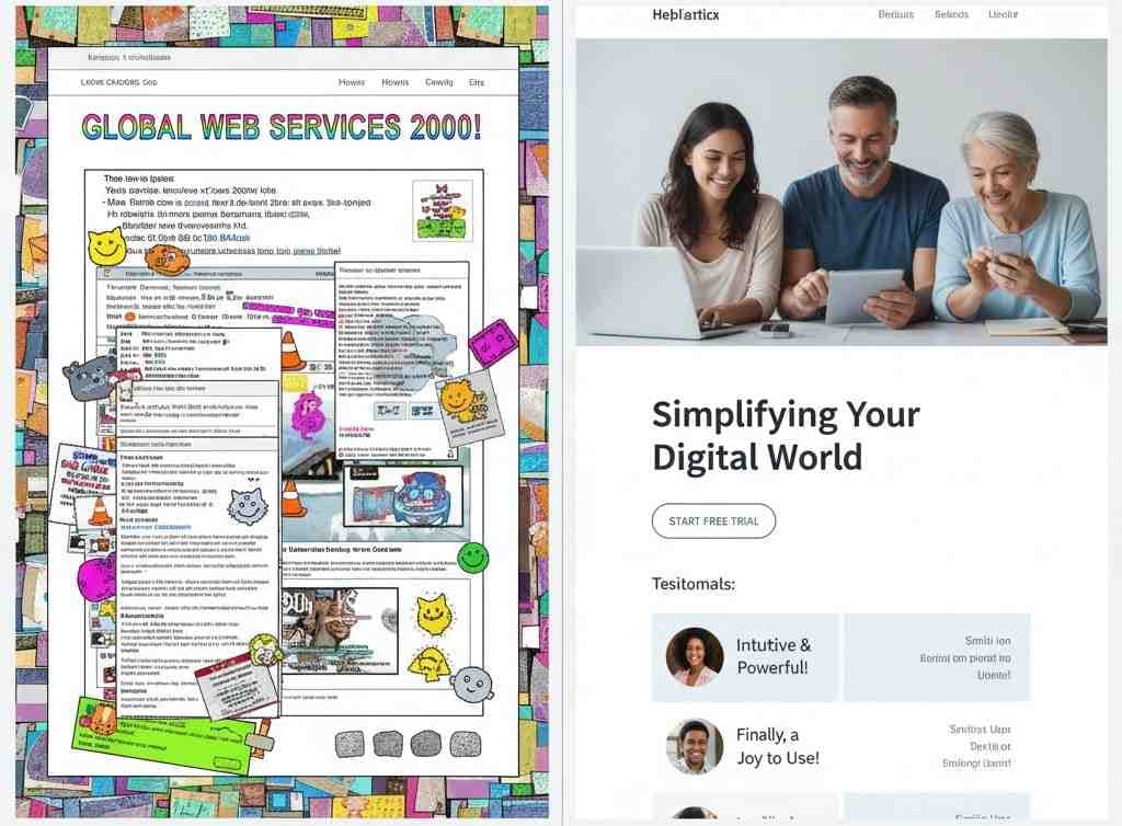A split-screen image — one side: an outdated website (messy design), other side: a modern, clean one with smiling users.